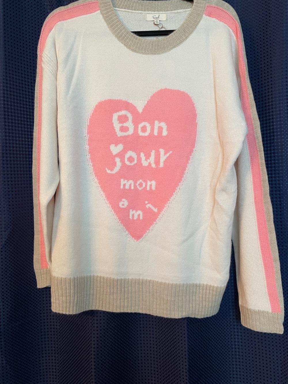 Cream & Pink Heart Crewneck Sweater with Bonjour Motif